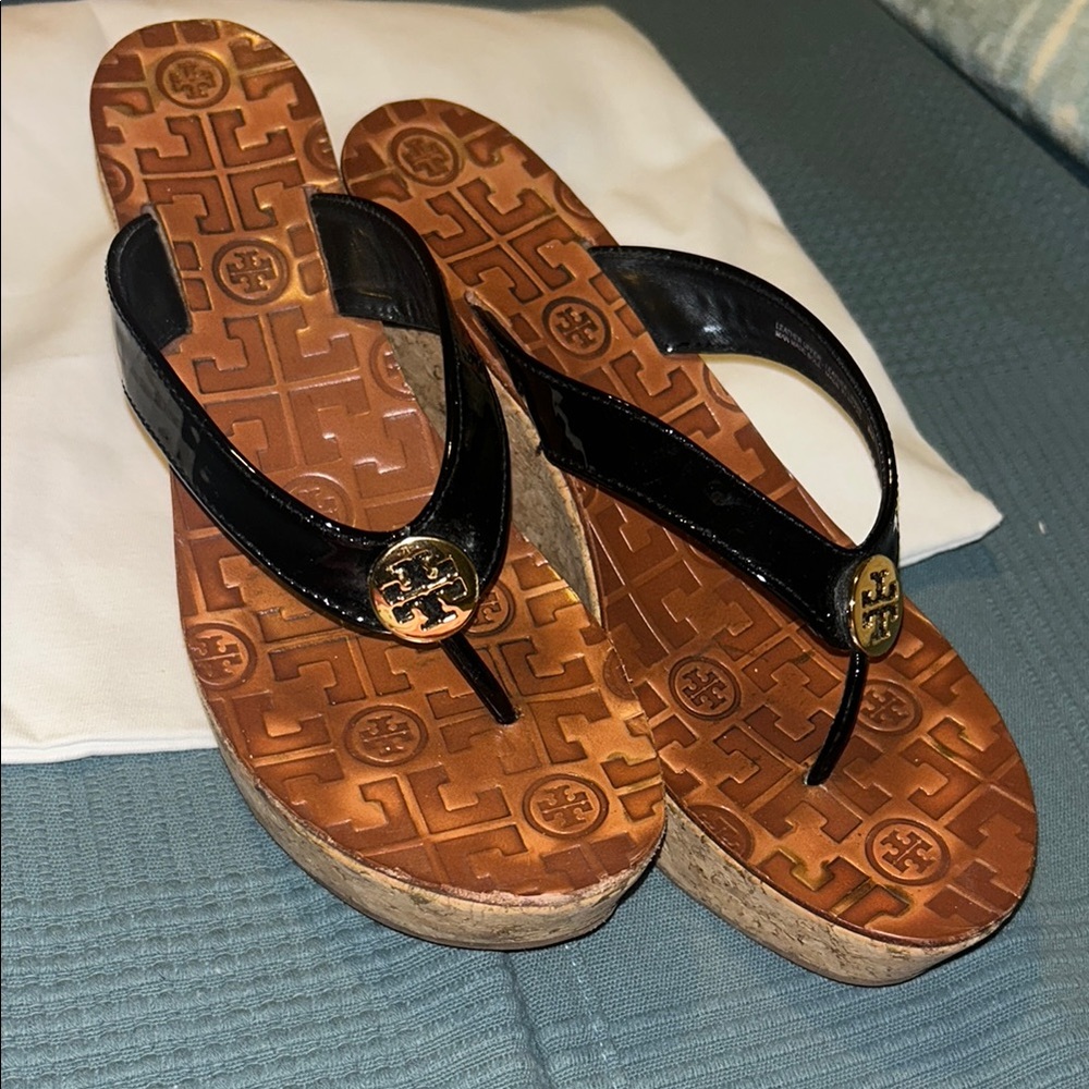 Tory Burch Black and Brown Wedge Sandals